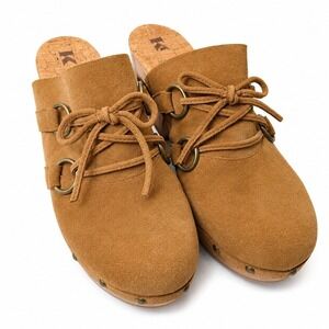 KORKS Kork-Ease Woodley Suede Clog Mules Sz 10M Beige Wooden Platform Boho Chic